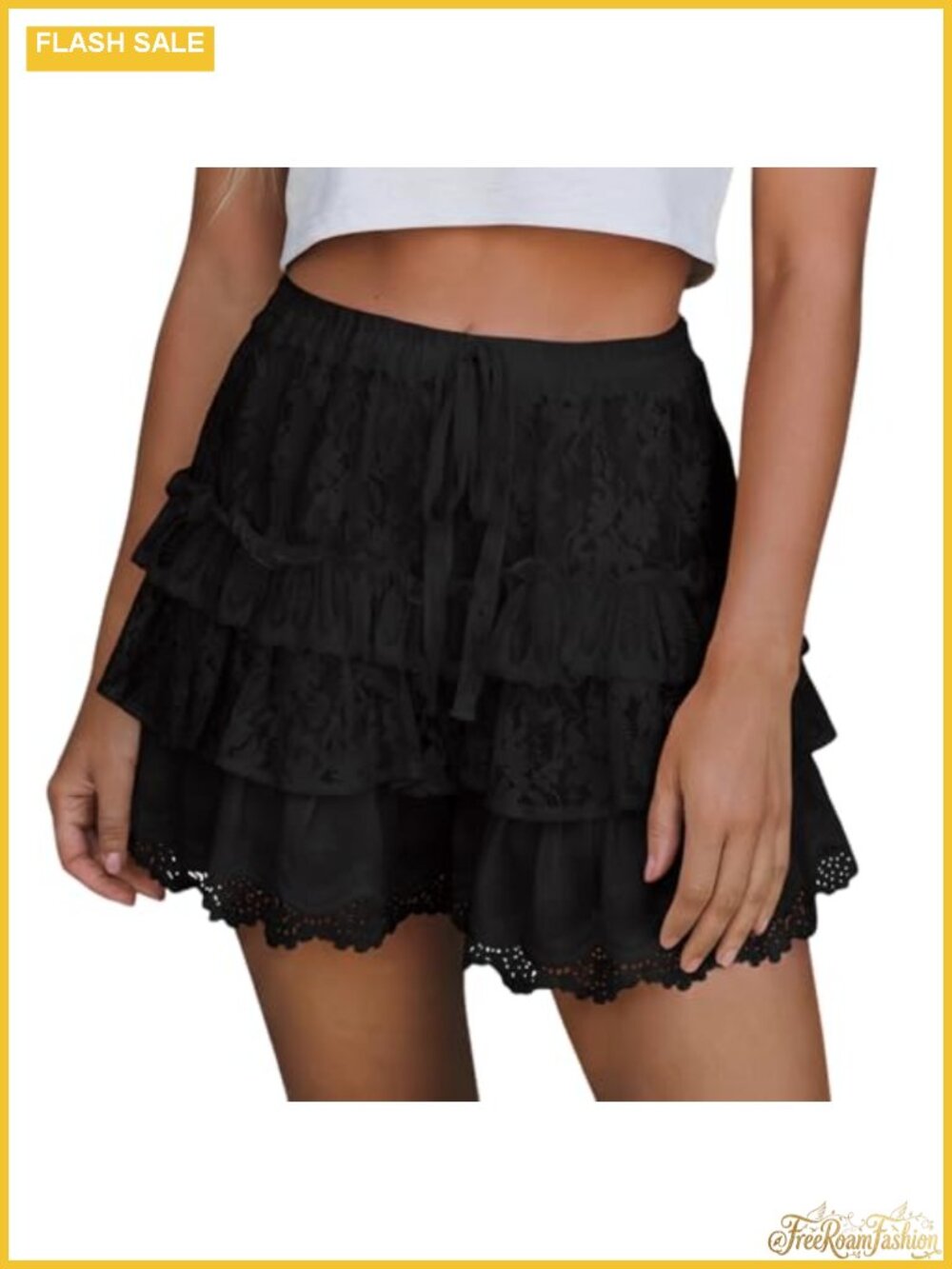 Womens Ruffle Shorts Lace High Waist Tiered Tie Front Boho Beach Skort